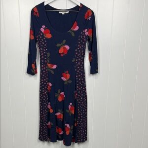 Boden Womens Jersey Knit Dress 6R Navy Red Floral Print Pullover 3/4 Sleeves EUC
